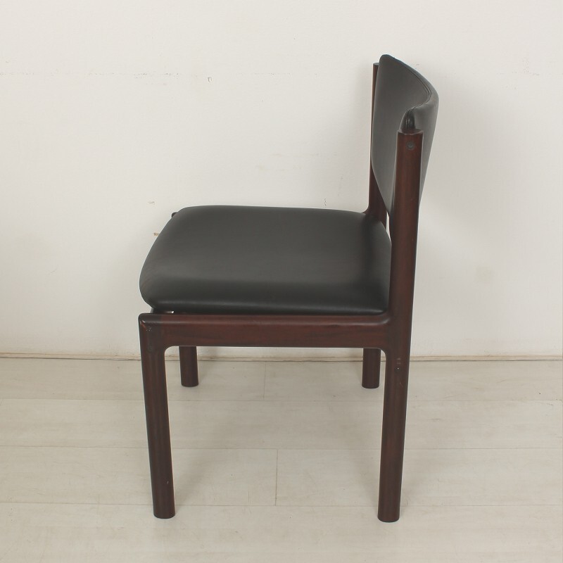 Pair of Scandinavian mahogany and black leather dining chairs - 1970s