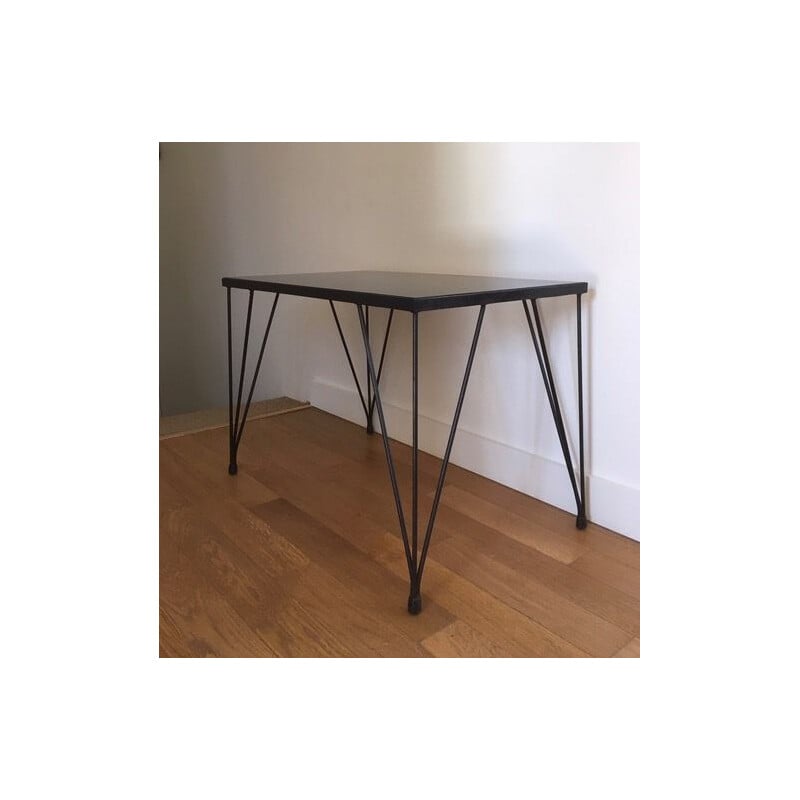 Vintage coffee table with black metal and glass eiffel legs, 1960