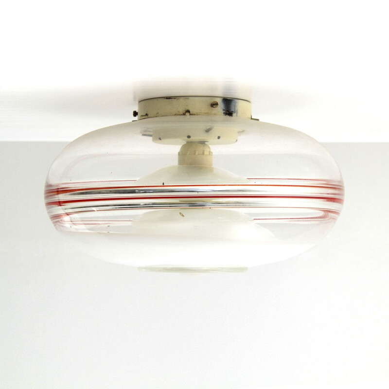 Vintage italian ceiling lamp in white and red Murano glass 1960s