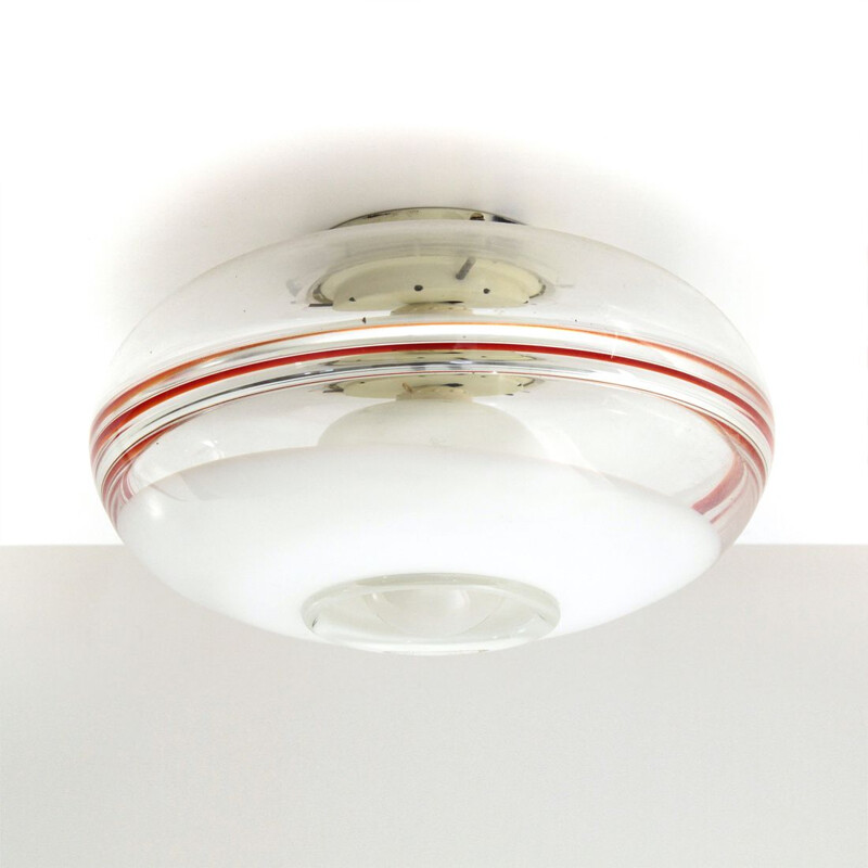 Vintage italian ceiling lamp in white and red Murano glass 1960s