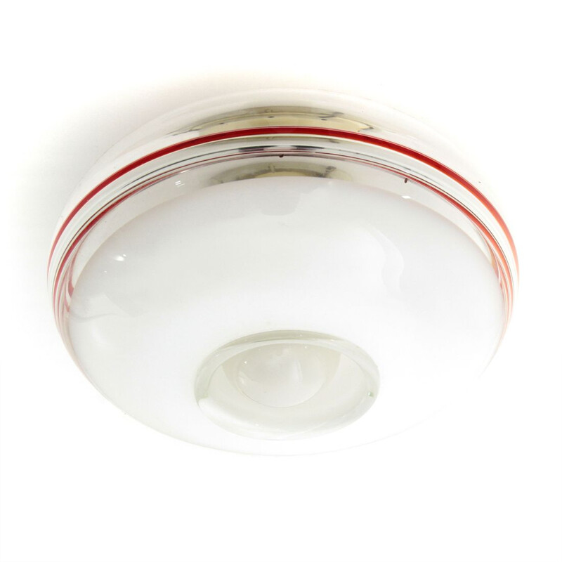 Vintage italian ceiling lamp in white and red Murano glass 1960s