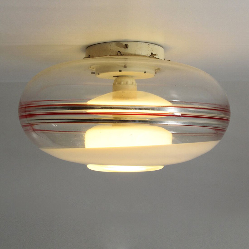 Vintage italian ceiling lamp in white and red Murano glass 1960s