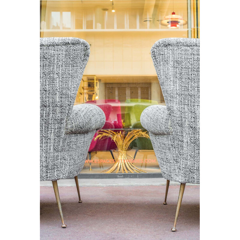 Pair of vintage italian armchairs in grey fabric and brass 1950
