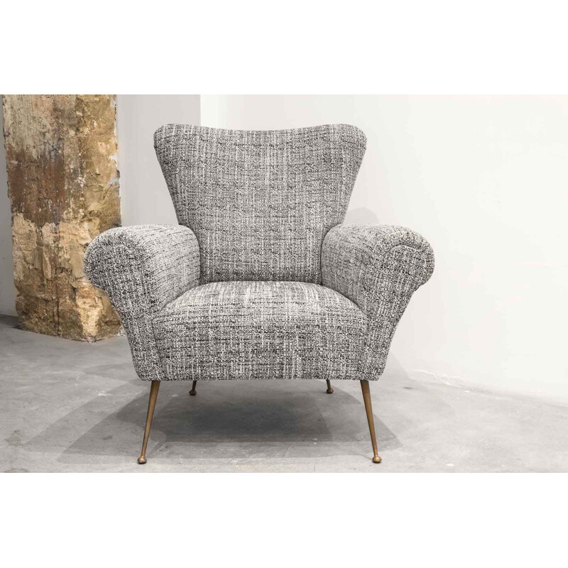 Paire de fauteuils vintage italiens en tissu gris et laiton 1950
