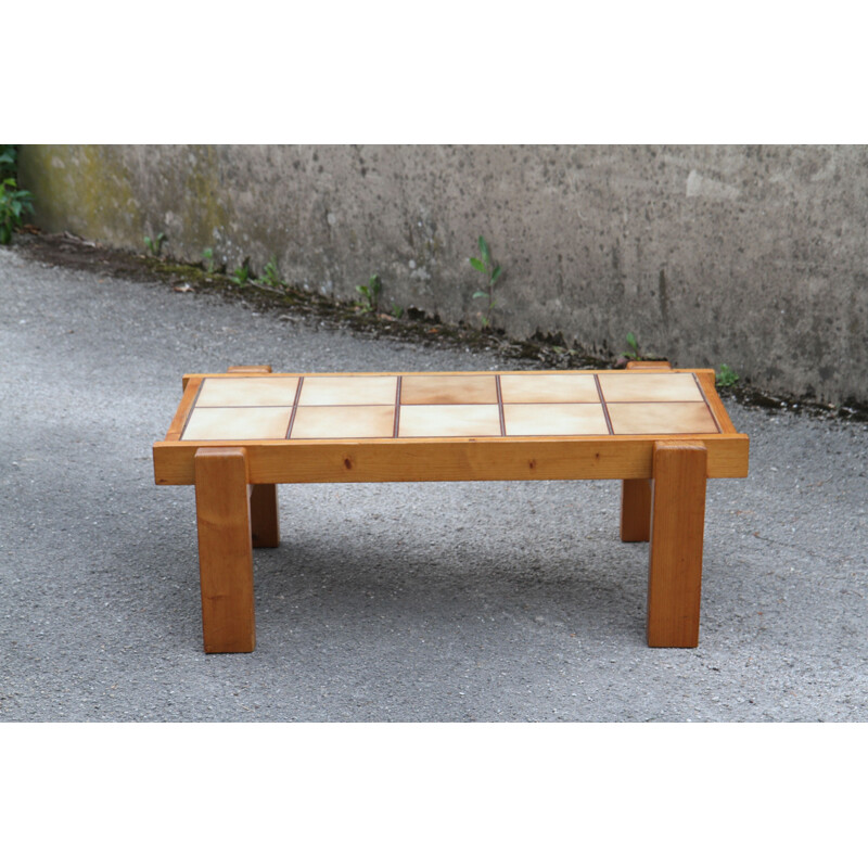 Vintage brutalist coffee table in pine and ceramics 1980