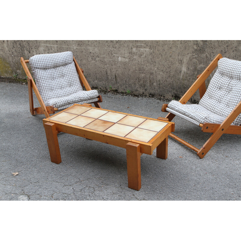 Vintage brutalist coffee table in pine and ceramics 1980