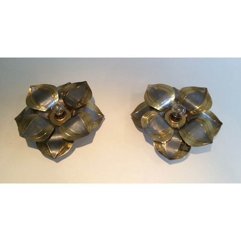Pair of vintage french sconces in metal and brass 1970