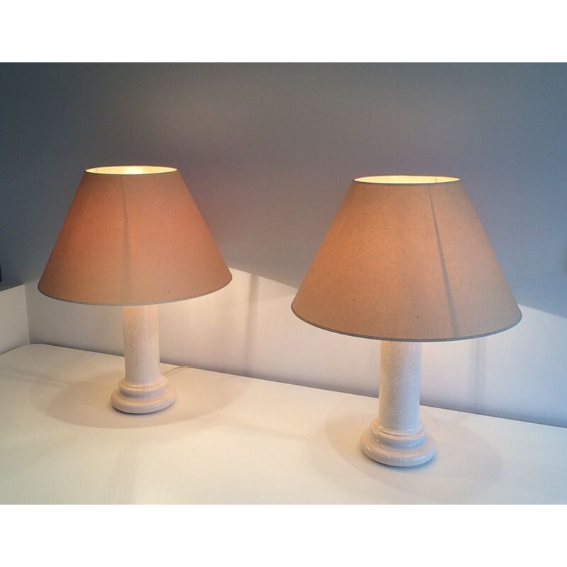 Coppia di lampade francesi vintage in ceramica beige, 1970