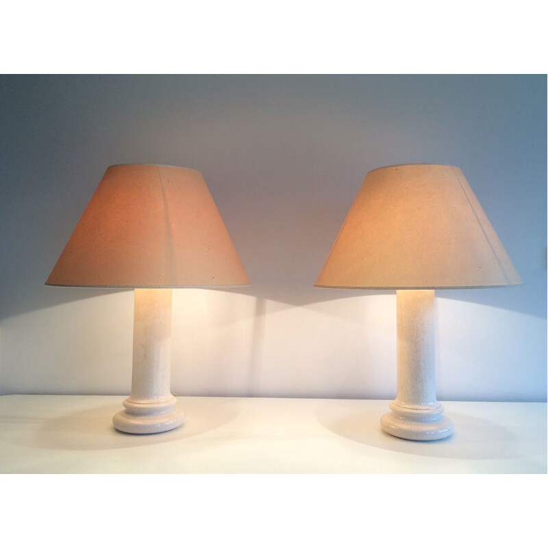 Pair of vintage French lamps in beige ceramic, 1970