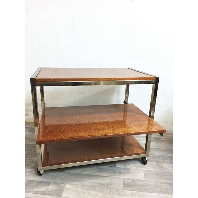 Vintage rolling table in chrome metal and elm 1970