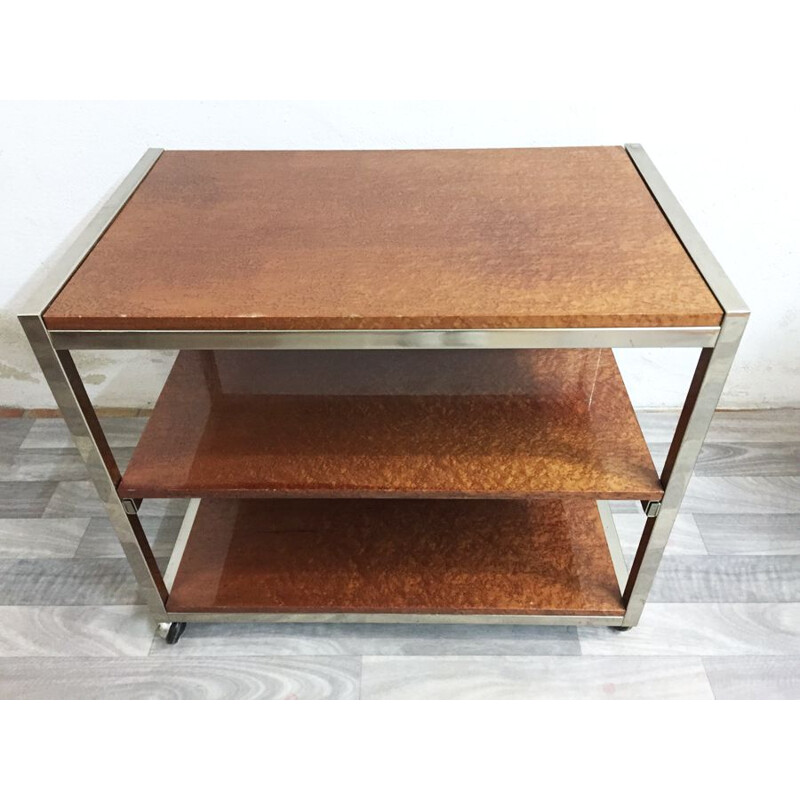 Vintage rolling table in chrome metal and elm 1970