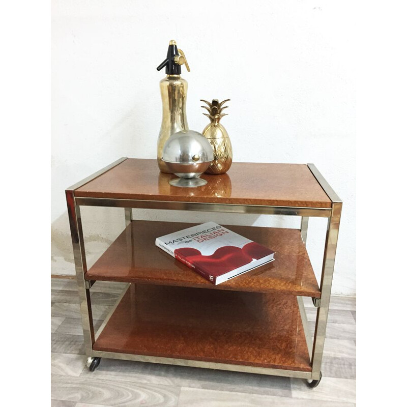Vintage rolling table in chrome metal and elm 1970