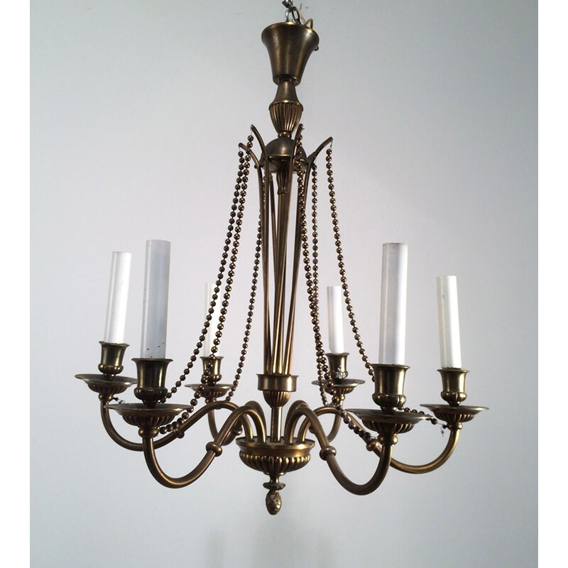 Vintage French bronze and brass chandelier, 1940