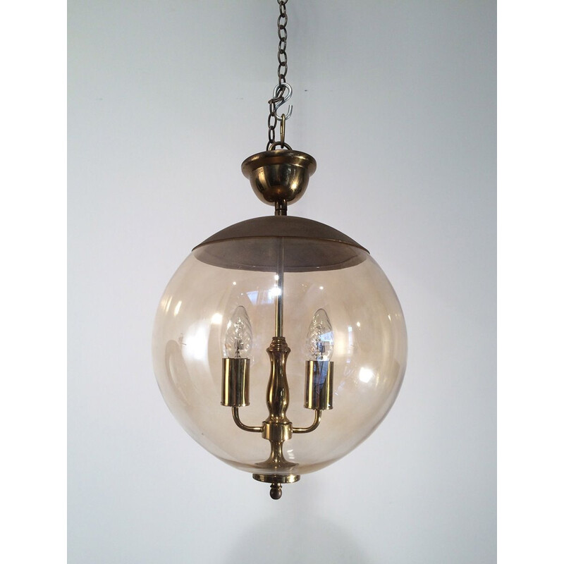 Vintage pendant light in smoked glass and brass,1970