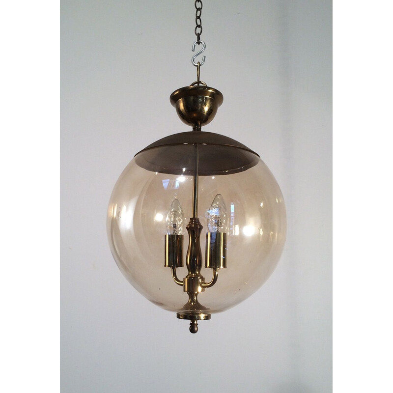 Vintage pendant light in smoked glass and brass,1970