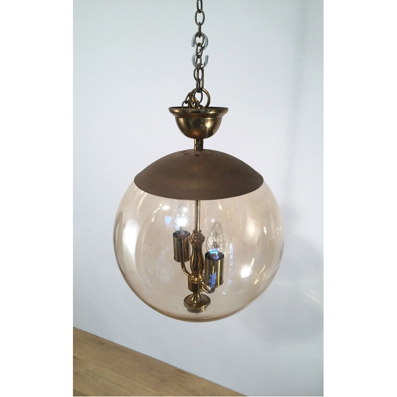 Vintage pendant light in smoked glass and brass,1970