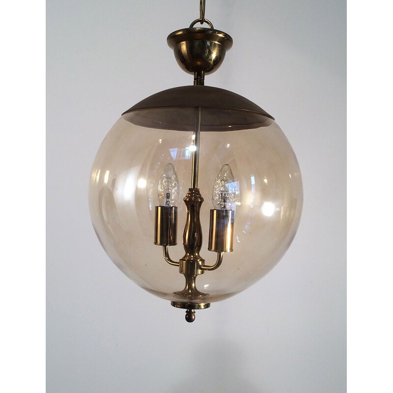 Vintage pendant light in smoked glass and brass,1970