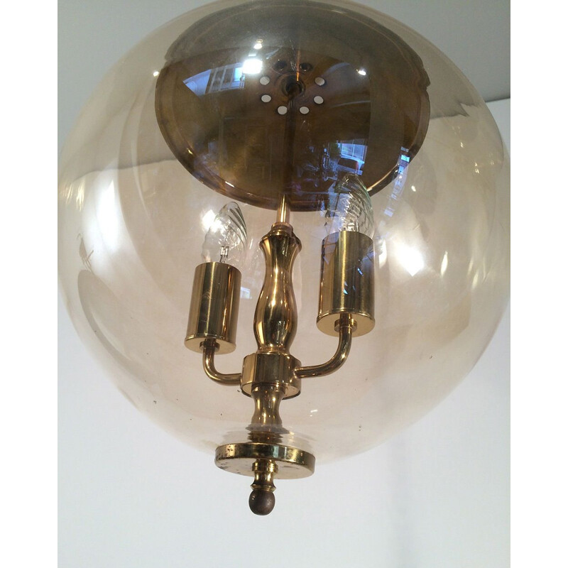 Vintage pendant light in smoked glass and brass,1970