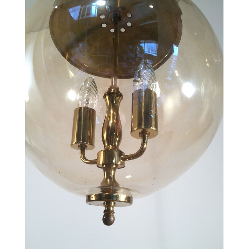 Vintage pendant light in smoked glass and brass,1970