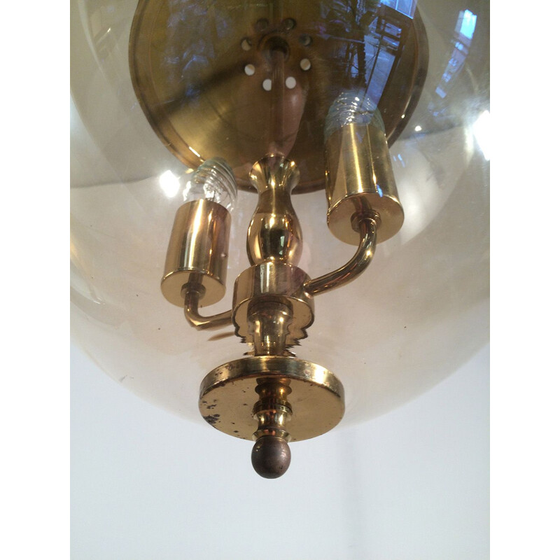 Vintage pendant light in smoked glass and brass,1970