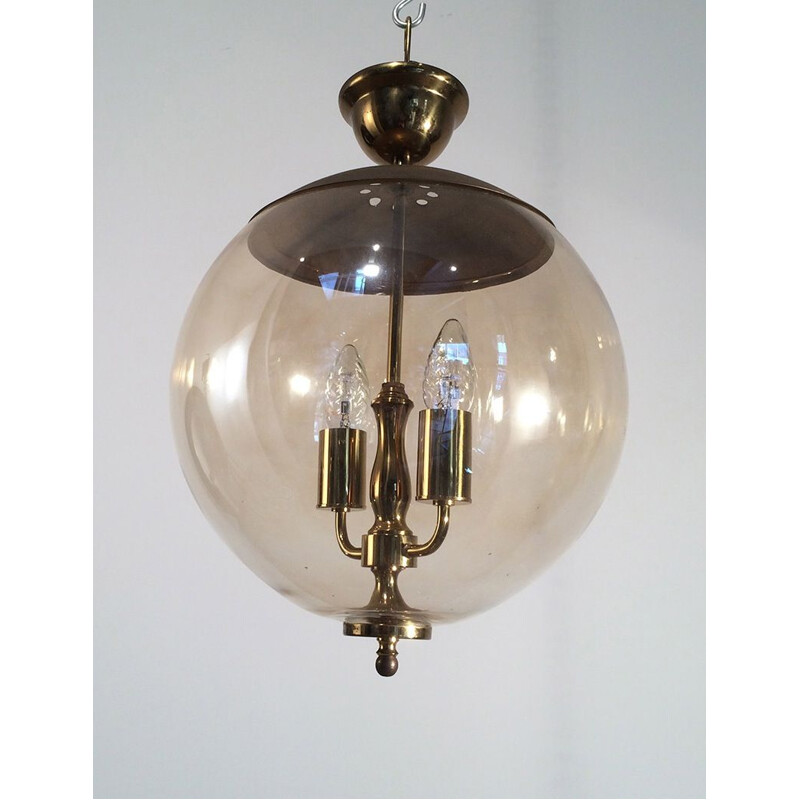 Vintage pendant light in smoked glass and brass,1970