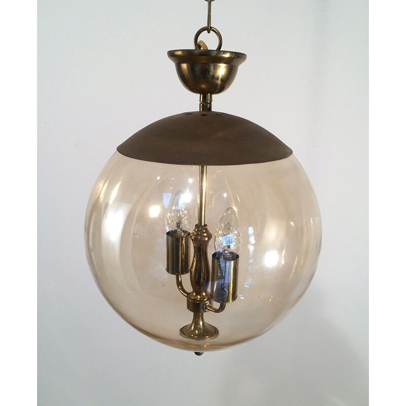 Vintage pendant light in smoked glass and brass,1970