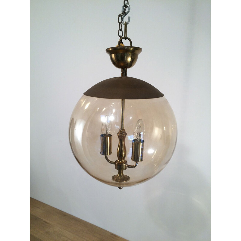 Vintage pendant light in smoked glass and brass,1970