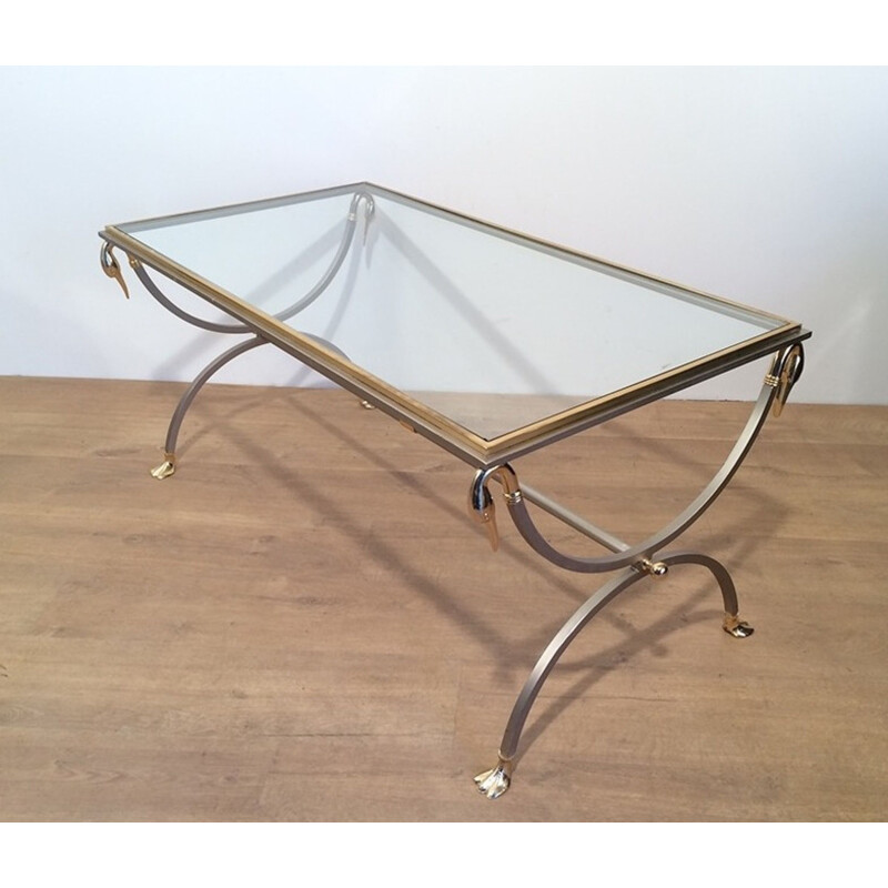 Vintage coffee table in brushed metal, glass and brass by Maison Jansen, 1970