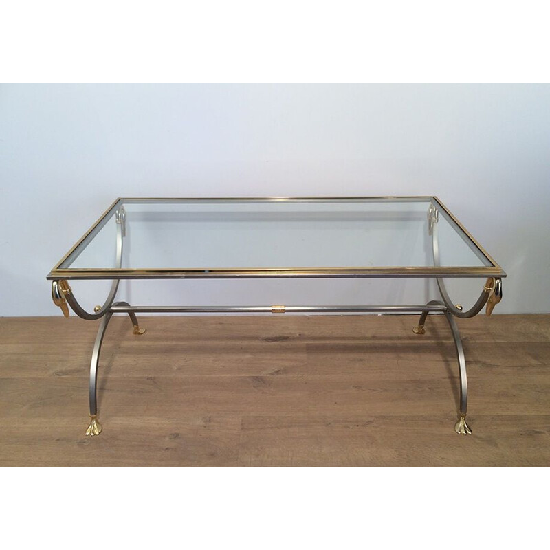 Vintage coffee table in brushed metal, glass and brass by Maison Jansen, 1970