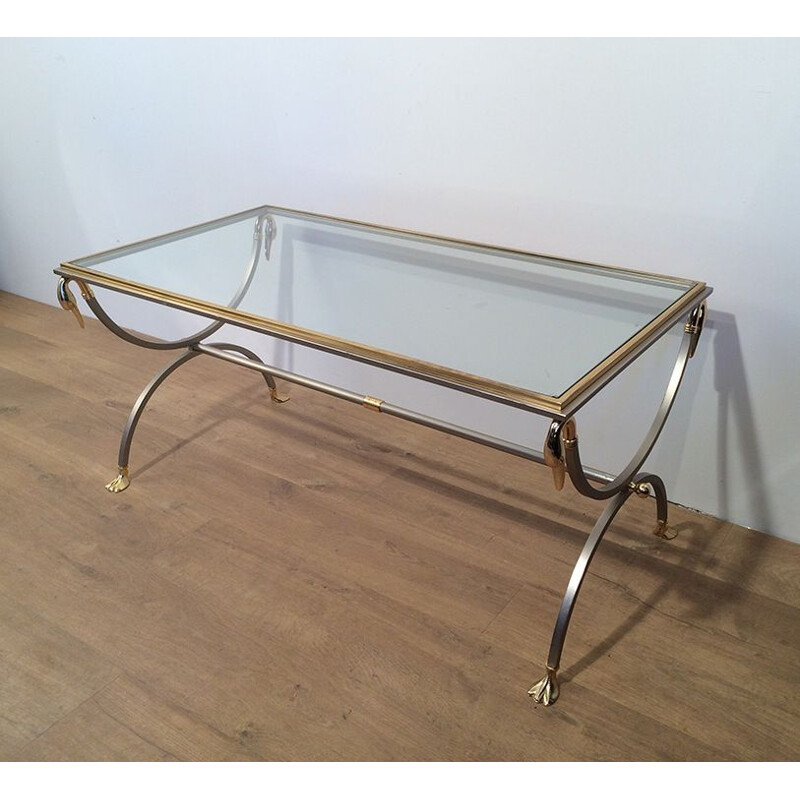 Vintage coffee table in brushed metal, glass and brass by Maison Jansen, 1970