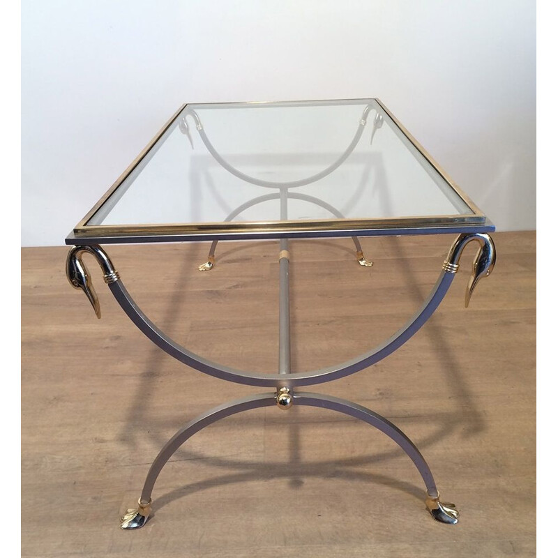 Vintage coffee table in brushed metal, glass and brass by Maison Jansen, 1970