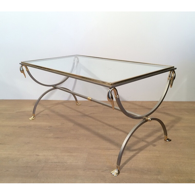 Table basse vintage en métal brossé, verre et laiton par la Maison Jansen, 1970