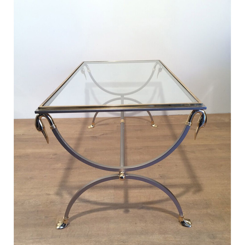 Table basse vintage en métal brossé, verre et laiton par la Maison Jansen, 1970