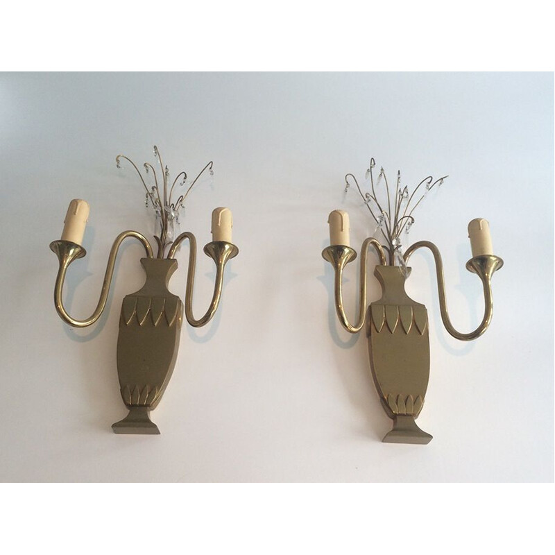 Pair of vintage brass and crystal wall lamp, 1940