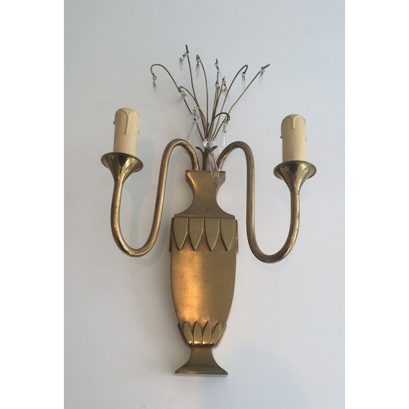 Pair of vintage brass and crystal wall lamp, 1940