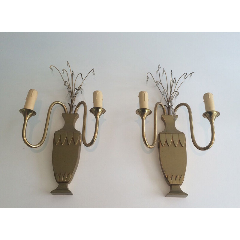 Pair of vintage brass and crystal wall lamp, 1940