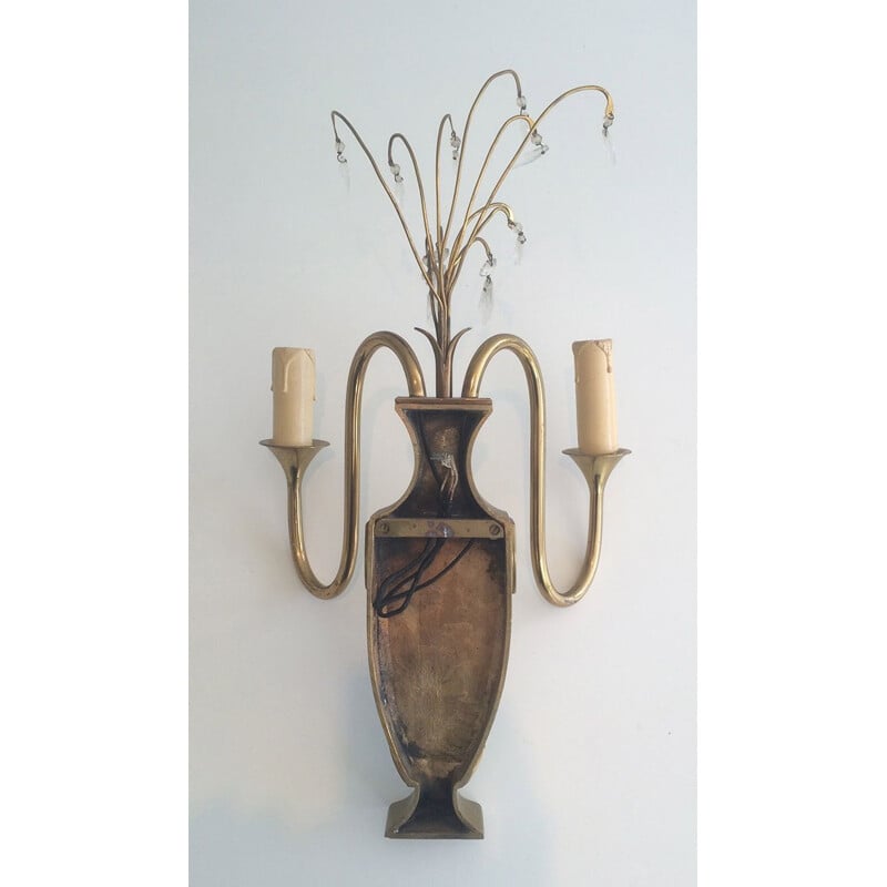 Pair of vintage brass and crystal wall lamp, 1940