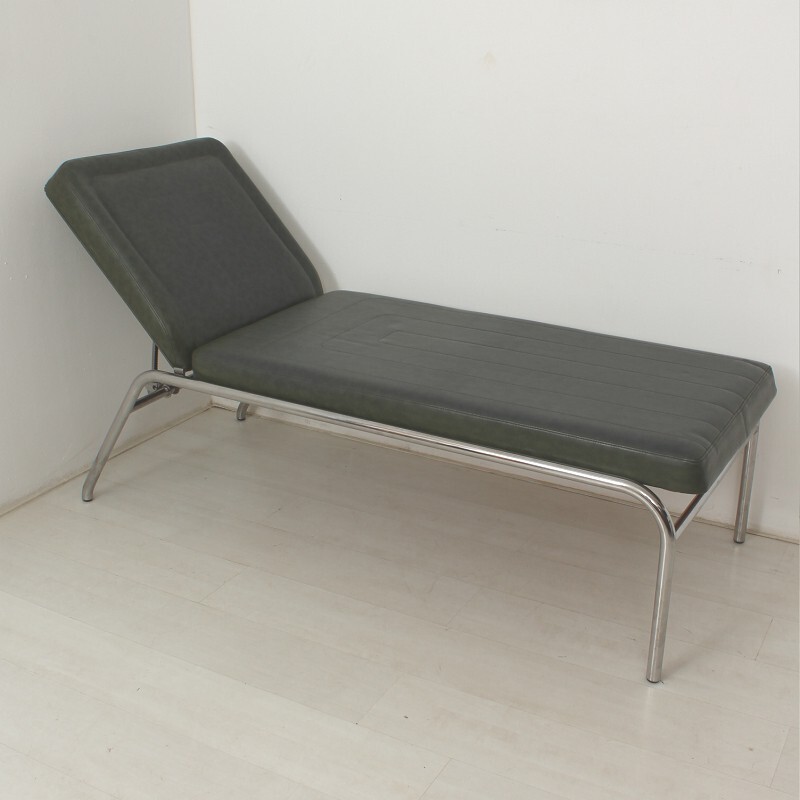 Lit de repos vintage en métal et simili cuir vert foncé - 1950