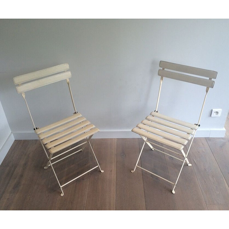 Pair of vintage folding chairs in metal and leatherette, 1970