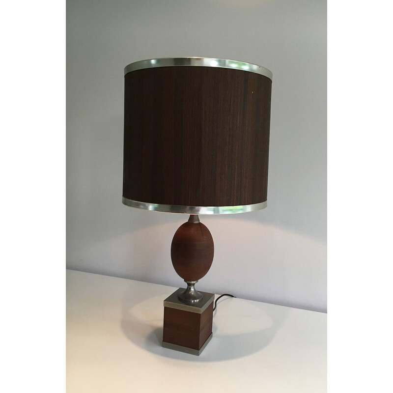 Vintage egg lamp in wood and brushed steel, 1970