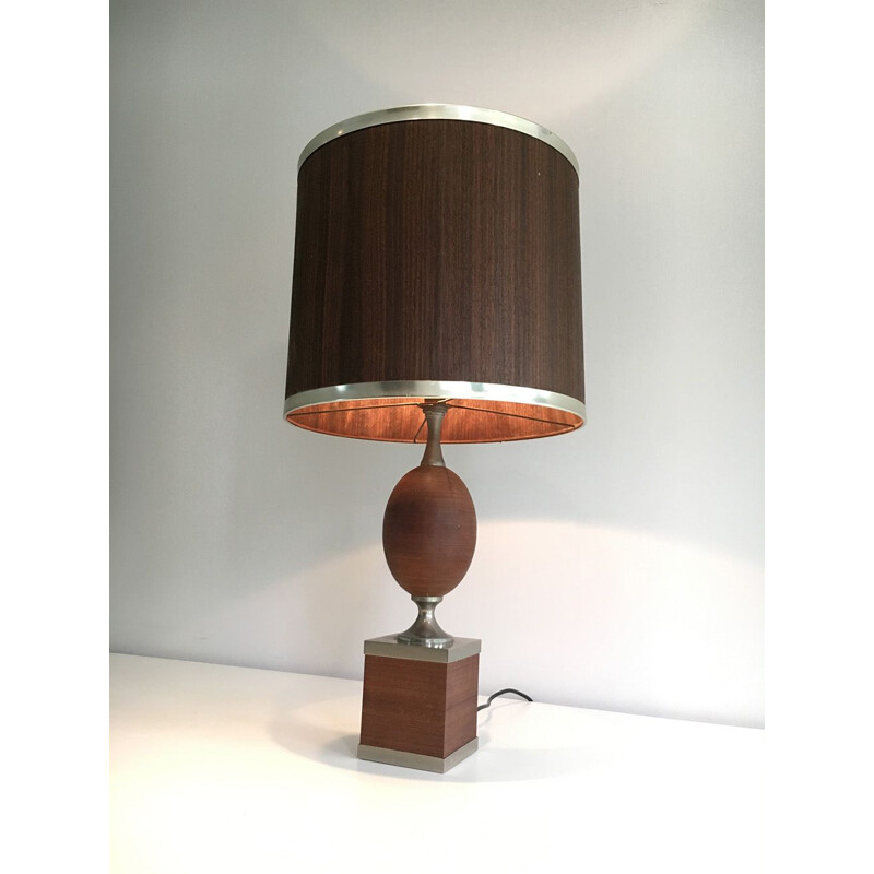 Lampe oeuf vintage en bois et acier brossé, 1970