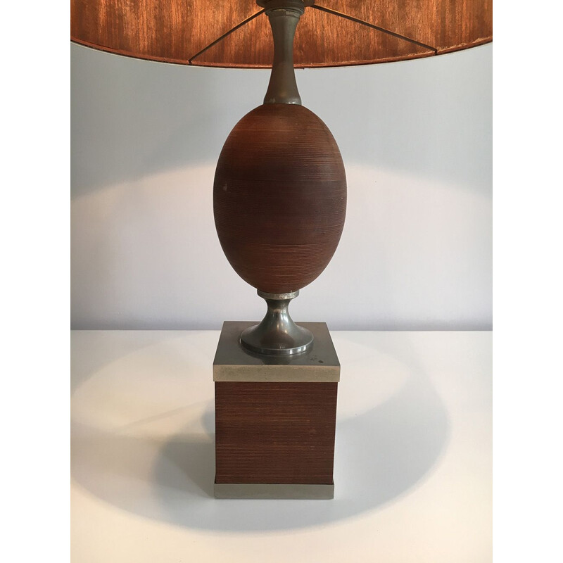 Lampe oeuf vintage en bois et acier brossé, 1970