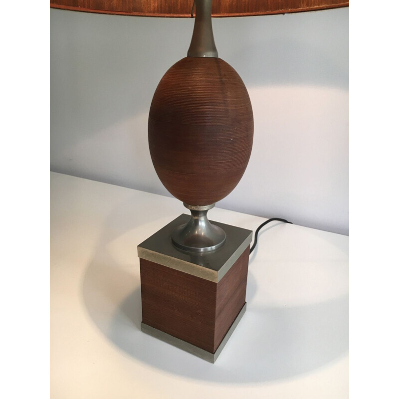 Lampe oeuf vintage en bois et acier brossé, 1970