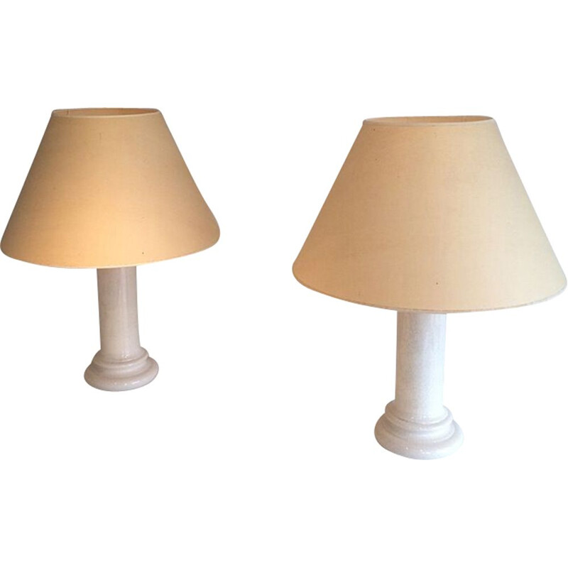 Pair of vintage French lamps in beige ceramic, 1970