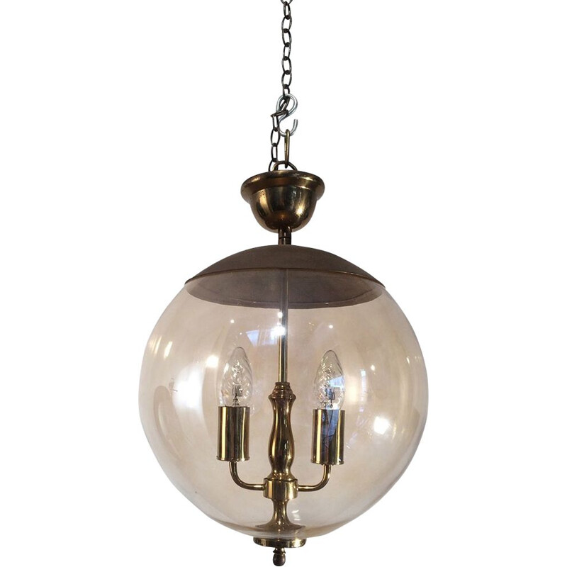 Vintage pendant light in smoked glass and brass,1970