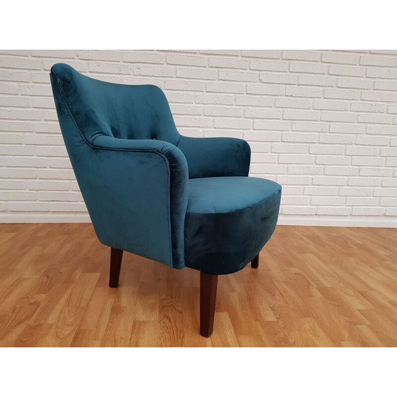 Fauteuil vintage velours bleu turquoise Danemark 1970s