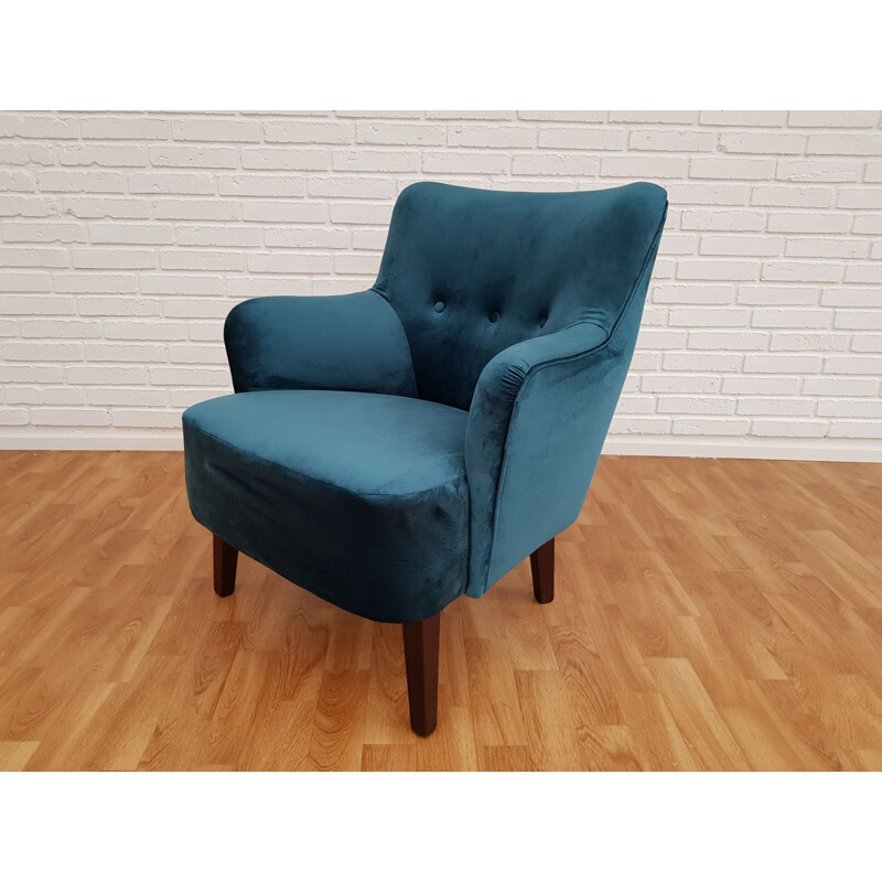 Vintage armchair turquoise blue velour Denmark 1970s