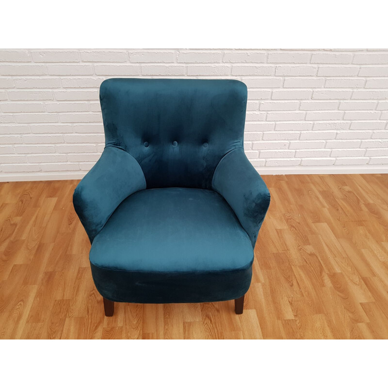 Fauteuil vintage velours bleu turquoise Danemark 1970s