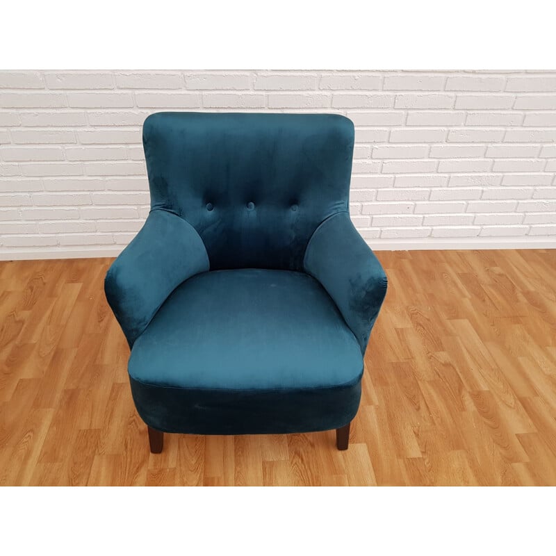 Vintage armchair turquoise blue velour Denmark 1970s