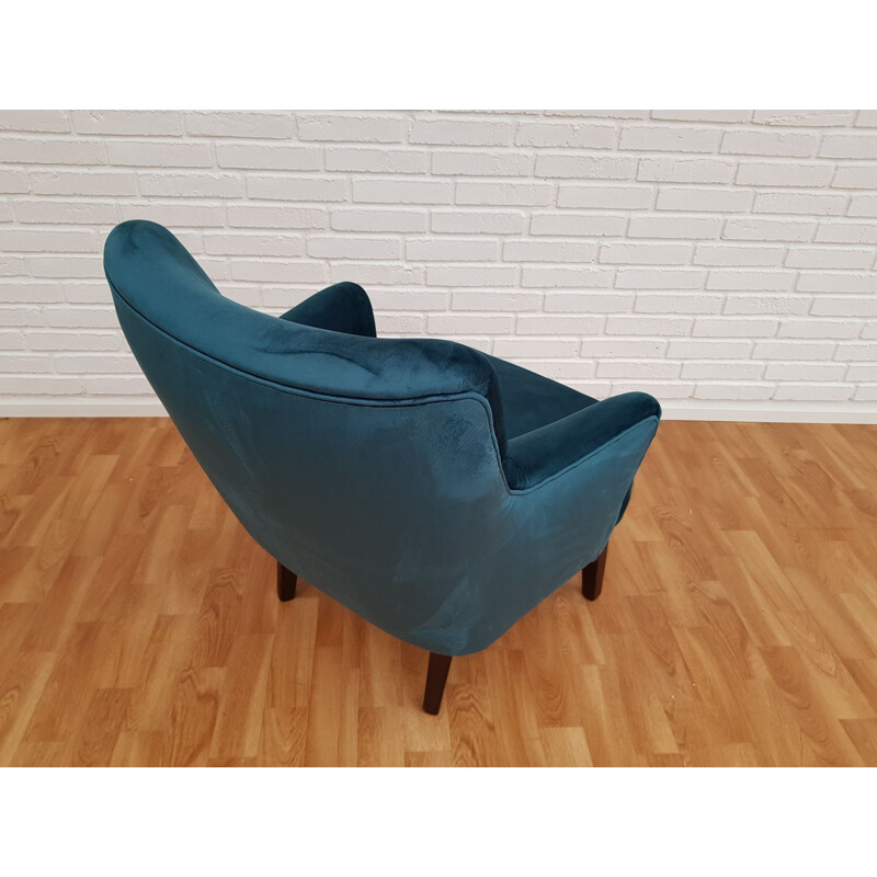 Vintage armchair turquoise blue velour Denmark 1970s